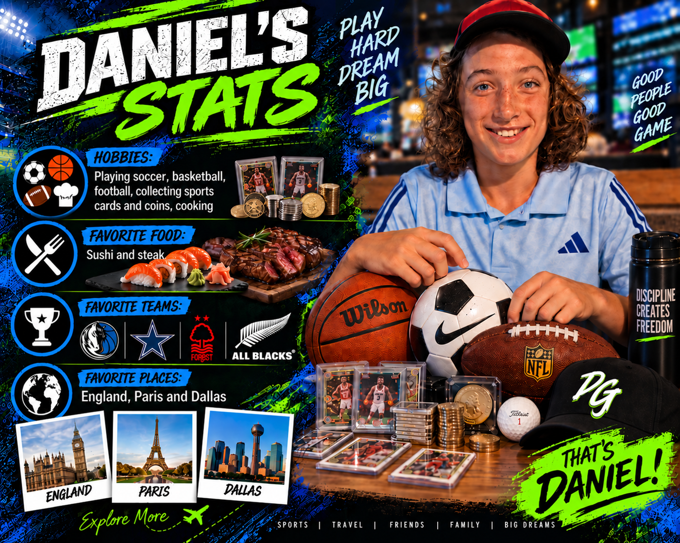 Daniel's Stats — hobbies: playing soccer, basketball and football, collecting sports cards and coins, cooking. Favorite food: sushi and steak. Favorite teams: Dallas Mavericks, Dallas Cowboys, Nottingham Forest and the All Blacks. Favorite places: England, Paris and Dallas. Play hard, dream big. Good people, good game. That's Daniel!