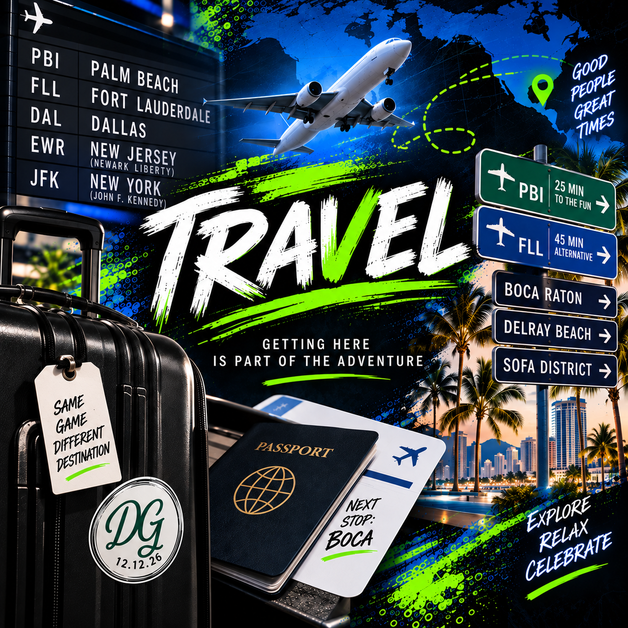 Travel — getting here is part of the adventure. Fly into PBI Palm Beach (25 minutes) or FLL Fort Lauderdale (45 minutes), then on to Boca Raton, Delray Beach and the SOFA district.